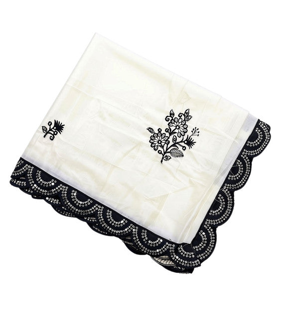 Women's Georgette Embroidered Saree With Unstitched Blouse 5.5Mtr (White-Black)
