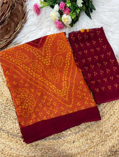 Women's Georgette Bandhani Printed Saree With Unstitched Blouse 5.5Mtr (Orange-Maroon)
