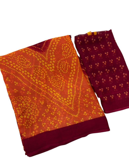 Women's Georgette Bandhani Printed Saree With Unstitched Blouse 5.5Mtr (Orange-Maroon)
