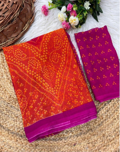 Women's Georgette Bandhani Printed Saree With Unstitched Blouse 5.5Mtr (Orange-Magenta)
