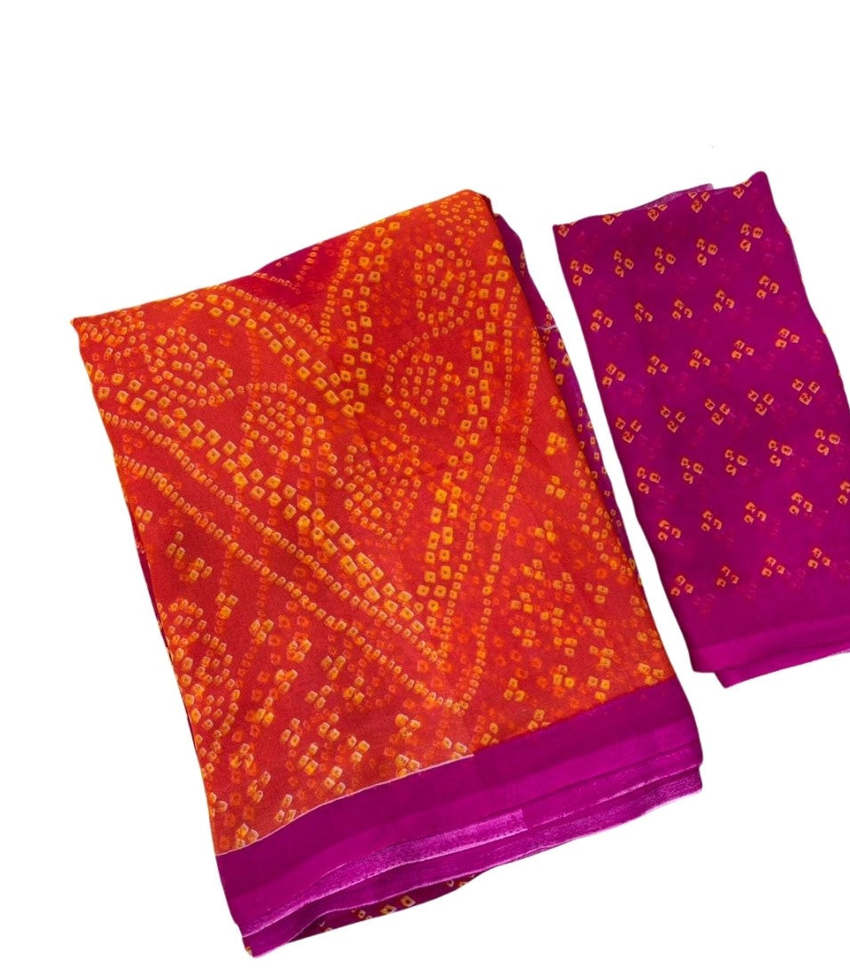 Women's Georgette Bandhani Printed Saree With Unstitched Blouse 5.5Mtr (Orange-Magenta)