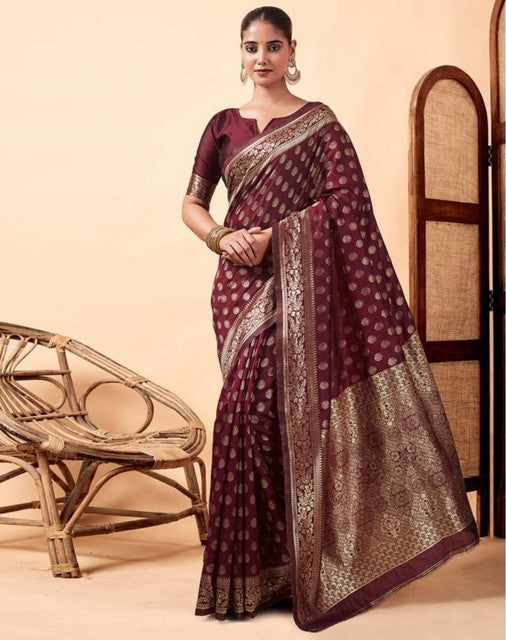 Women's Jacquard Printed Saree With Unstitched Blouse 5.5Mtr (Maroon)