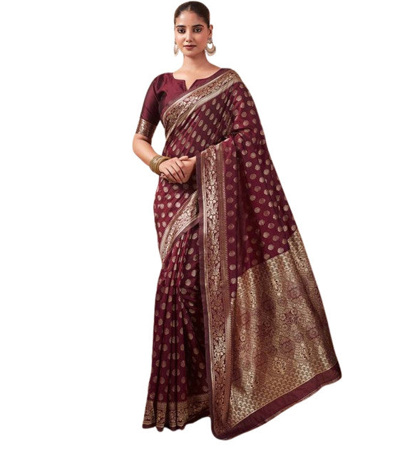 Women's Jacquard Printed Saree With Unstitched Blouse 5.5Mtr (Maroon)