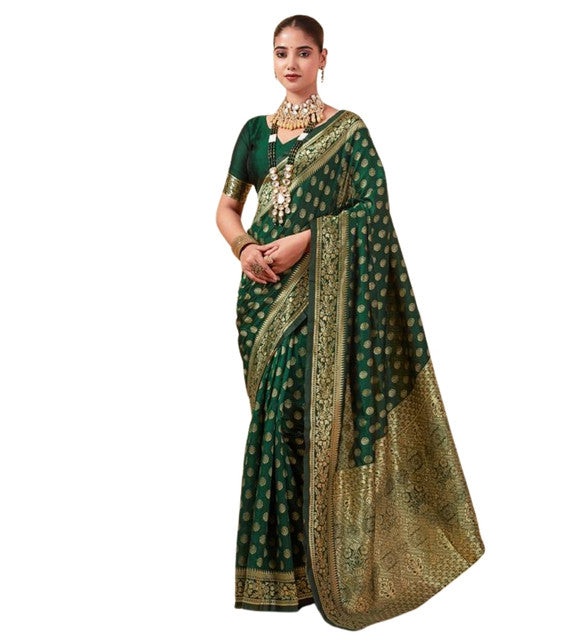 Women's Jacquard Printed Saree With Unstitched Blouse 5.5Mtr (Bottle Green)