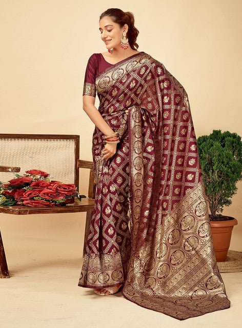 Women's Jacquard Printed Saree With Unstitched Blouse 5.5Mtr (Maroon)