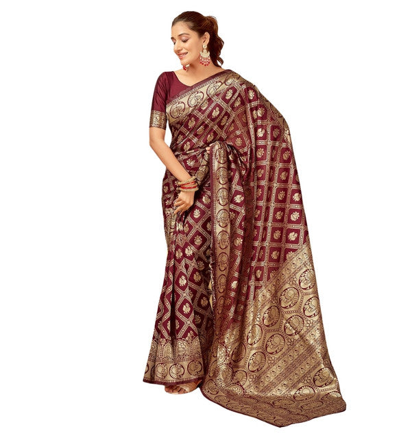 Women's Jacquard Printed Saree With Unstitched Blouse 5.5Mtr (Maroon)