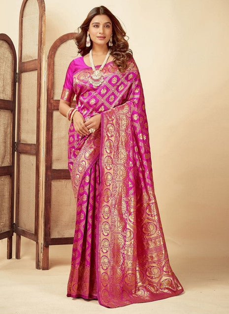 Women's Jacquard Printed Saree With Unstitched Blouse 5.5Mtr (Pink)
