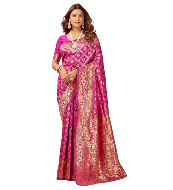 Women's Jacquard Printed Saree With Unstitched Blouse 5.5Mtr (Pink)