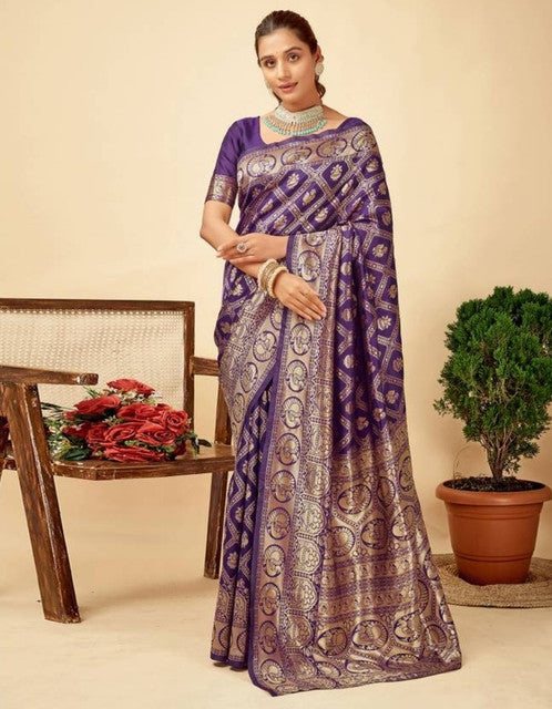 Women's Jacquard Printed Saree With Unstitched Blouse 5.5Mtr (Purple)