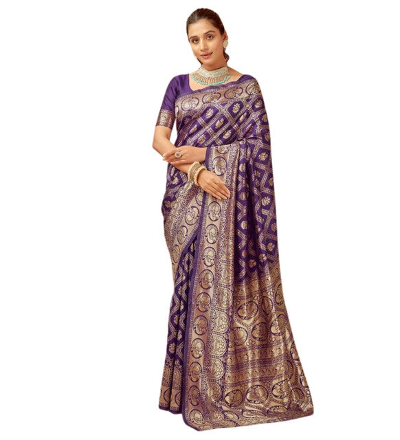 Women's Jacquard Printed Saree With Unstitched Blouse 5.5Mtr (Purple)
