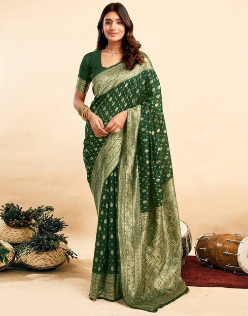Women's Jacquard Printed Saree With Unstitched Blouse 5.5Mtr (Bottle Green)