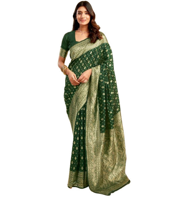 Women's Jacquard Printed Saree With Unstitched Blouse 5.5Mtr (Bottle Green)