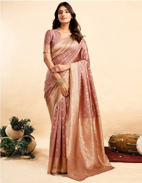 Women's Jacquard Printed Saree With Unstitched Blouse 5.5Mtr (Peach)