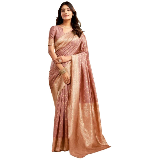 Women's Jacquard Printed Saree With Unstitched Blouse 5.5Mtr (Peach)
