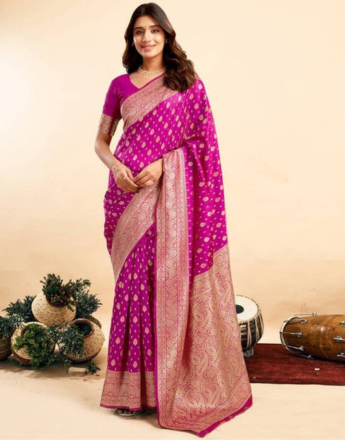 Women's Jacquard Printed Saree With Unstitched Blouse 5.5Mtr (Pink)