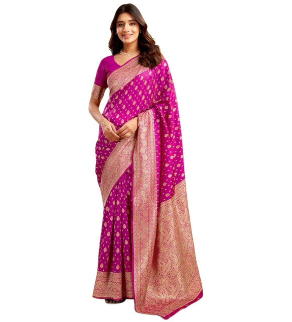 Women's Jacquard Printed Saree With Unstitched Blouse 5.5Mtr (Pink)