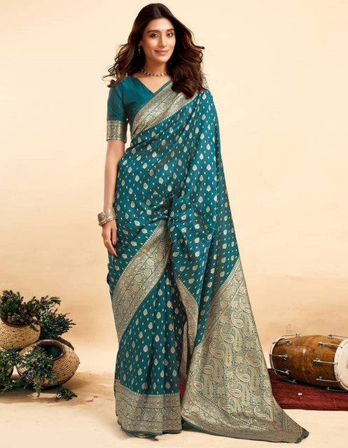 Women's Jacquard Printed Saree With Unstitched Blouse 5.5Mtr (Teal)