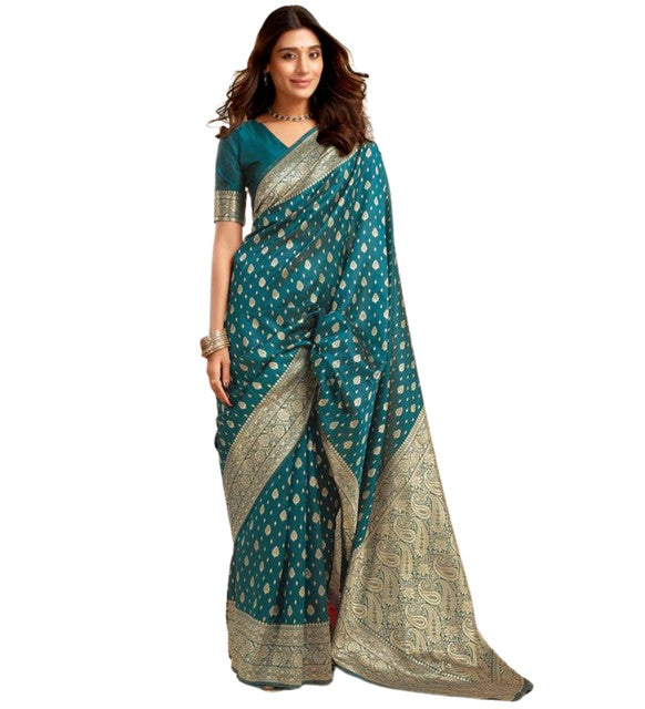Women's Jacquard Printed Saree With Unstitched Blouse 5.5Mtr (Teal)