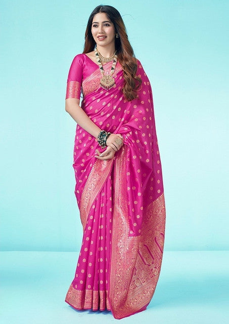 Women's Jacquard Printed Saree With Unstitched Blouse 5.5Mtr (Pink)