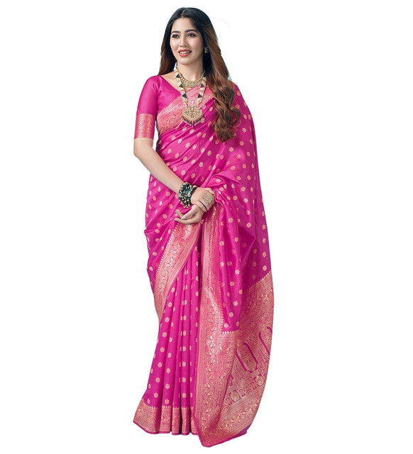 Women's Jacquard Printed Saree With Unstitched Blouse 5.5Mtr (Pink)