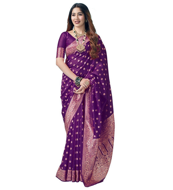 Women's Jacquard Printed Saree With Unstitched Blouse 5.5Mtr (Purple)