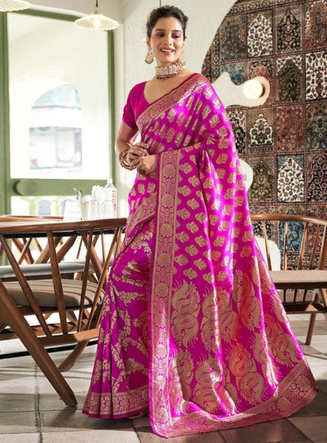 Women's Jacquard Printed Saree With Unstitched Blouse 5.5Mtr (Pink)