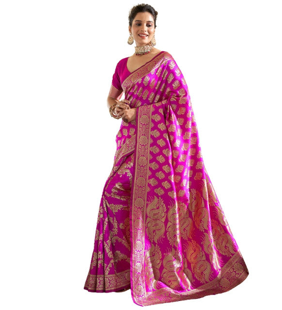 Women's Jacquard Printed Saree With Unstitched Blouse 5.5Mtr (Pink)