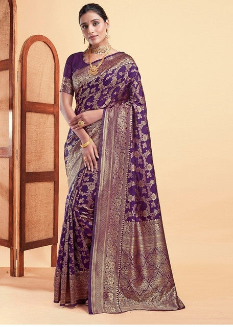 Women's Jacquard Printed Saree With Unstitched Blouse 5.5Mtr (Purple)