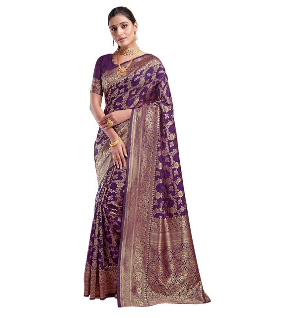 Women's Jacquard Printed Saree With Unstitched Blouse 5.5Mtr (Purple)