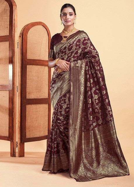 Women's Jacquard Printed Saree With Unstitched Blouse 5.5Mtr (Maroon)