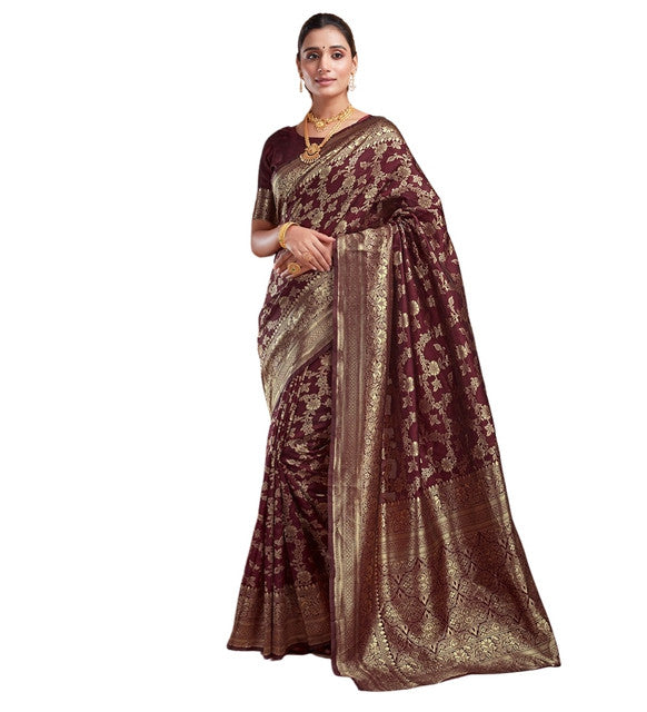 Women's Jacquard Printed Saree With Unstitched Blouse 5.5Mtr (Maroon)