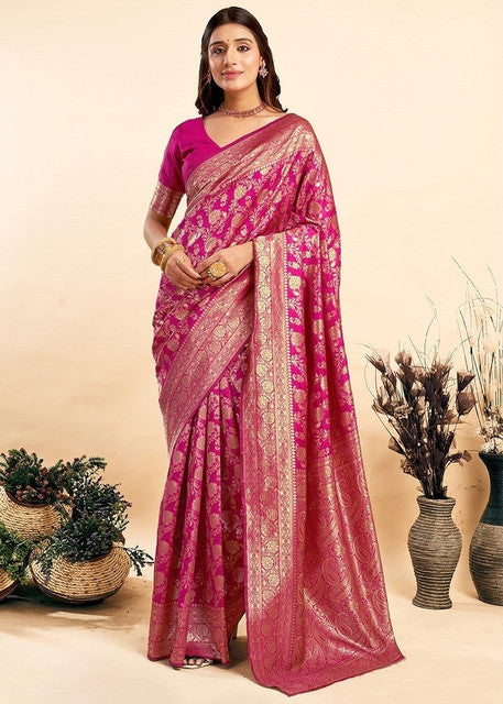 Women's Jacquard Printed Saree With Unstitched Blouse 5.5Mtr (Pink)