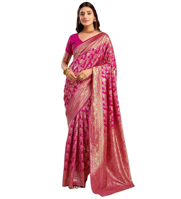 Women's Jacquard Printed Saree With Unstitched Blouse 5.5Mtr (Pink)