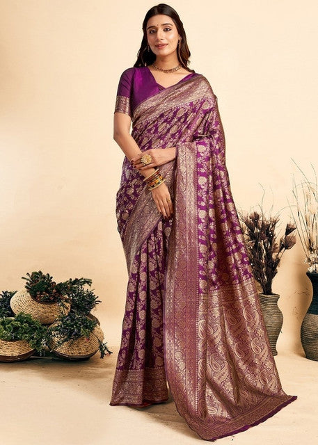Women's Jacquard Printed Saree With Unstitched Blouse 5.5Mtr (Purple)