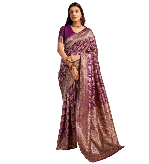 Women's Jacquard Printed Saree With Unstitched Blouse 5.5Mtr (Purple)
