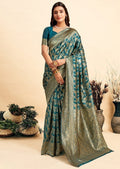 Women's Jacquard Printed Saree With Unstitched Blouse 5.5Mtr (Teal)