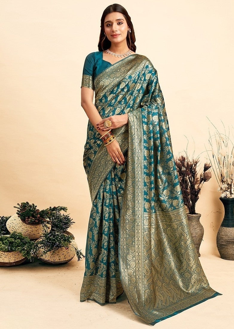 Women's Jacquard Printed Saree With Unstitched Blouse 5.5Mtr (Teal)