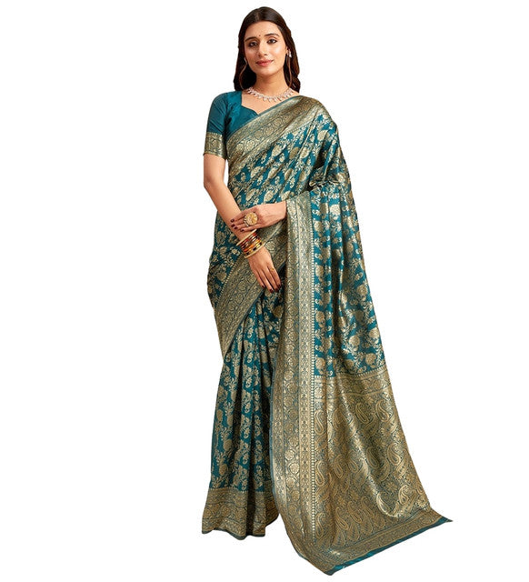 Women's Jacquard Printed Saree With Unstitched Blouse 5.5Mtr (Teal)