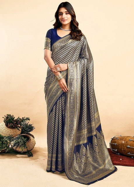 Women's Jacquard Printed Saree With Unstitched Blouse 5.5Mtr (Navy Blue)