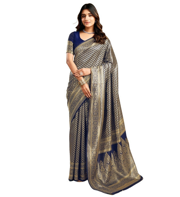 Women's Jacquard Printed Saree With Unstitched Blouse 5.5Mtr (Navy Blue)
