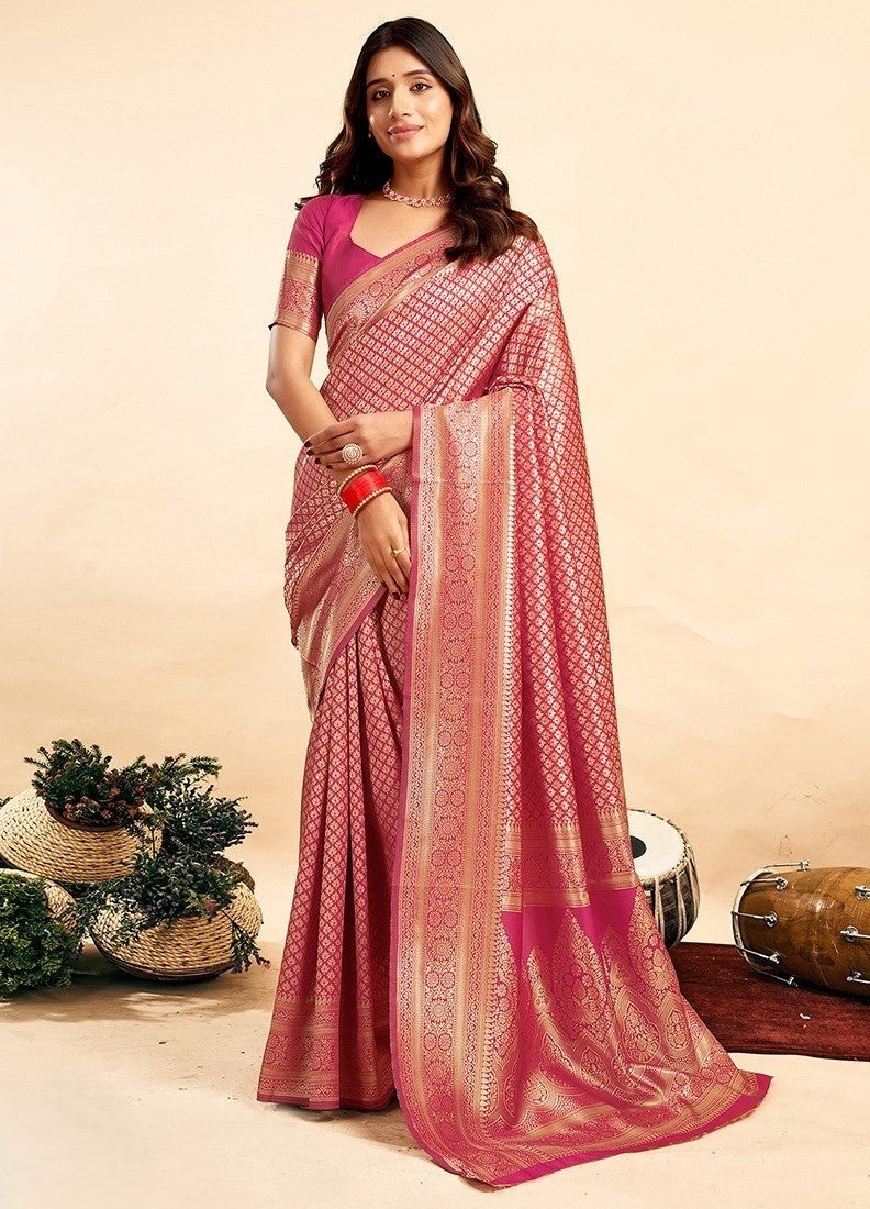 Women's Jacquard Printed Saree With Unstitched Blouse 5.5Mtr (Pink)