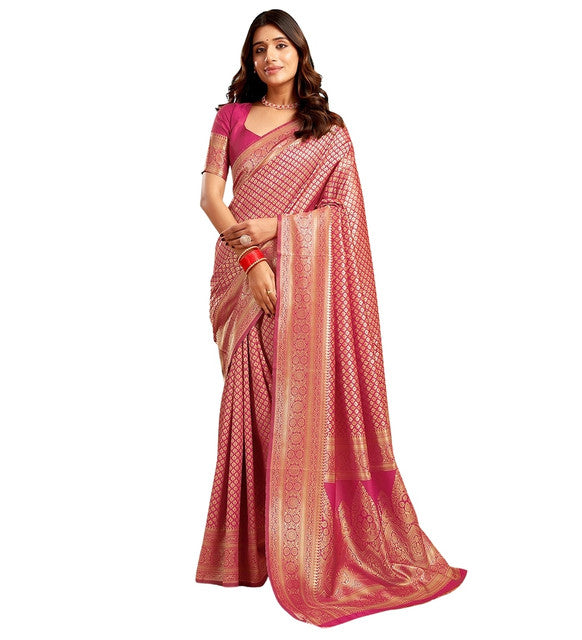 Women's Jacquard Printed Saree With Unstitched Blouse 5.5Mtr (Pink)