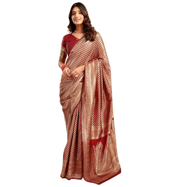 Women's Jacquard Printed Saree With Unstitched Blouse 5.5Mtr (Maroon)