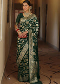 Women's Jacquard Printed Saree With Unstitched Blouse 5.5Mtr (Bottle Green)