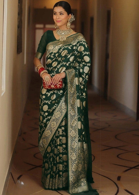 Women's Jacquard Printed Saree With Unstitched Blouse 5.5Mtr (Bottle Green)