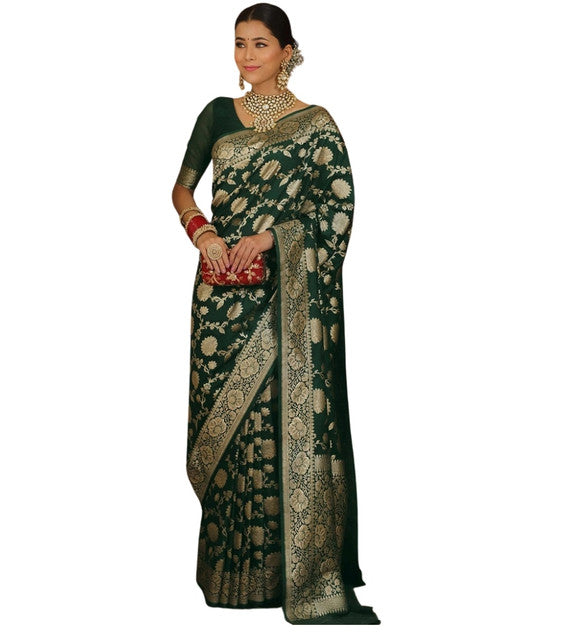 Women's Jacquard Printed Saree With Unstitched Blouse 5.5Mtr (Bottle Green)