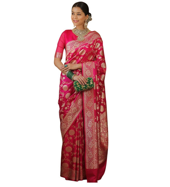 Women's Jacquard Printed Saree With Unstitched Blouse 5.5Mtr (Pink)
