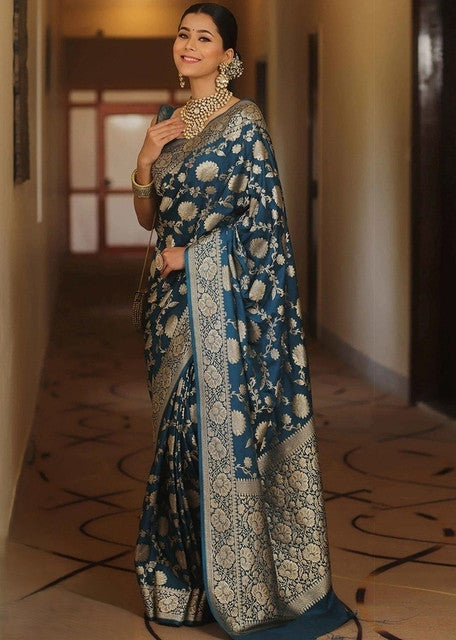 Women's Jacquard Printed Saree With Unstitched Blouse 5.5Mtr (Teal)