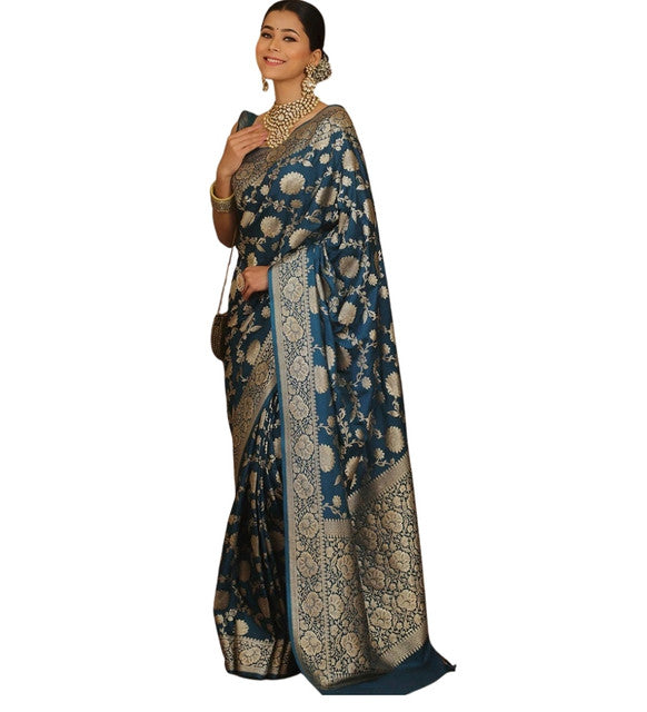 Women's Jacquard Printed Saree With Unstitched Blouse 5.5Mtr (Teal)