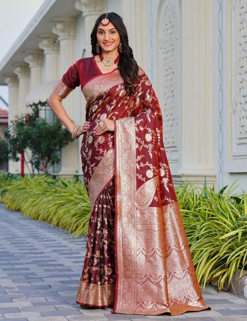 Women's Jacquard Printed Saree With Unstitched Blouse 5.5Mtr (Maroon)
